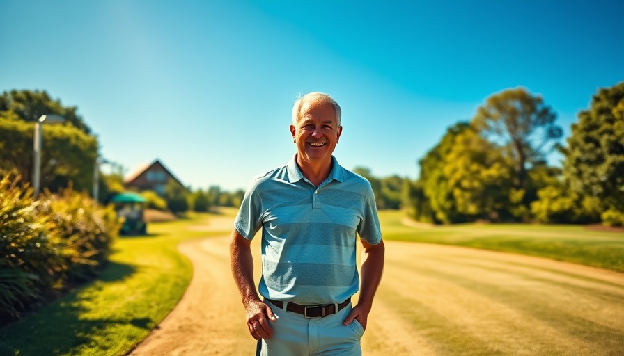 Smiling golfer at McNary Golf Course with greenery and clear sky.
