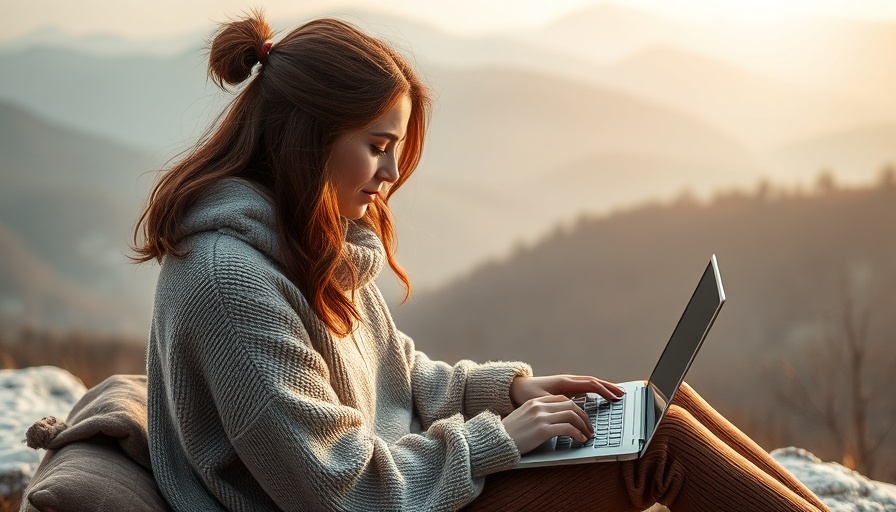 Young woman working remotely in a mountainous landscape