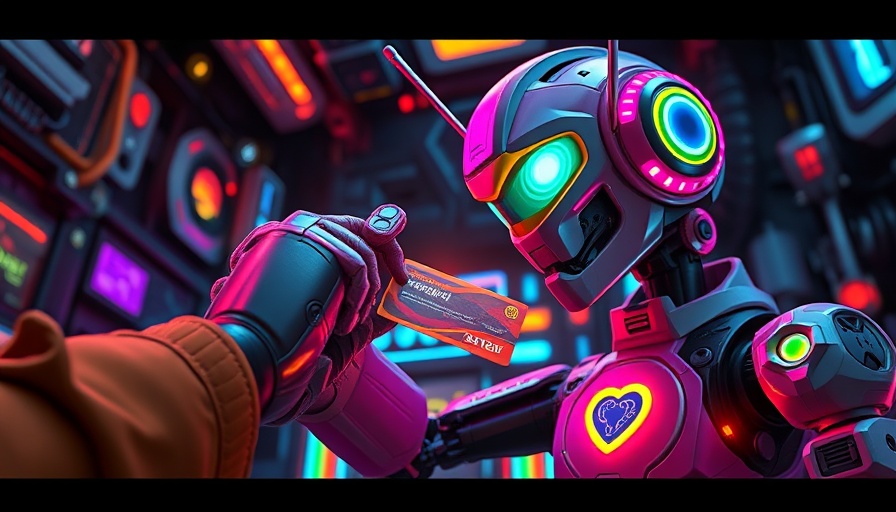 Futuristic robot receiving a card in neon-lit room, best games for gamers March 2023.