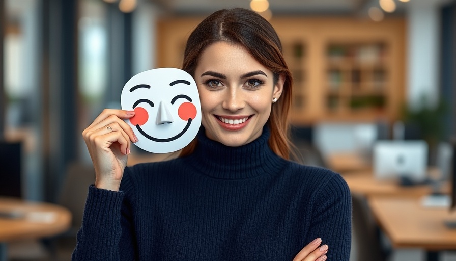 Fake it till you make it: Woman with dual expressions in office.