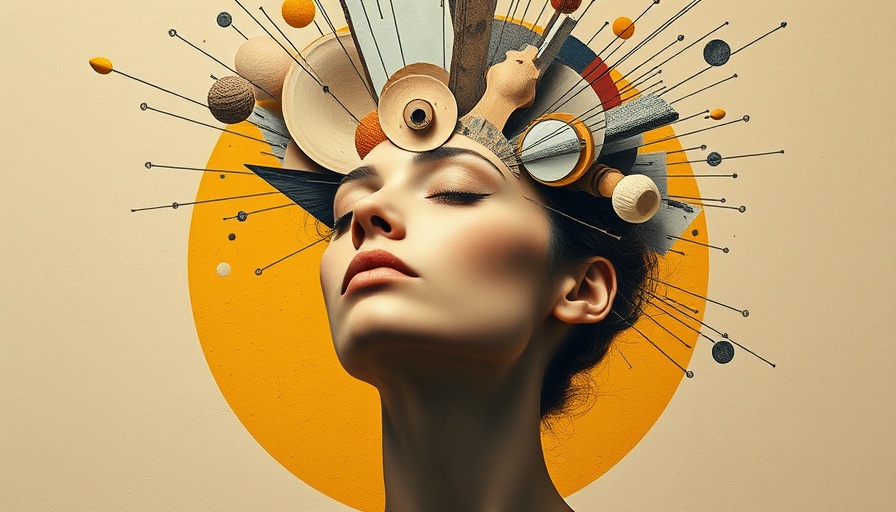 Surreal image of woman managing information overload with abstract shapes.