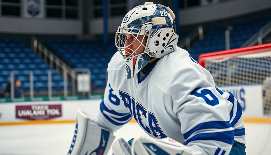 NCAA D-III men's ice hockey goalie in action, vibrant rink.