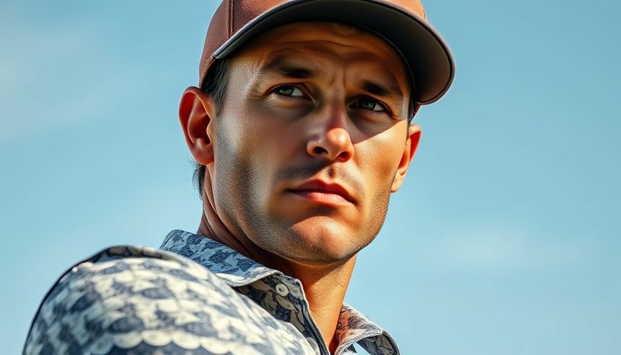 Determined golfer in patterned shirt under clear sky.