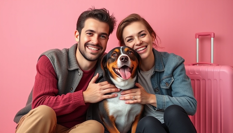 Joyful couple with dog sitting together, pink backdrop, vibrant scene.