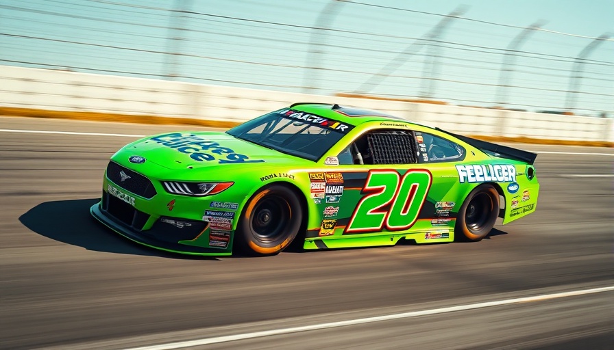 Green NASCAR car number 20 racing on track, speed and motion blur.