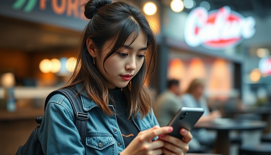 Woman using smartphone in urban environment, digital mental health focus.