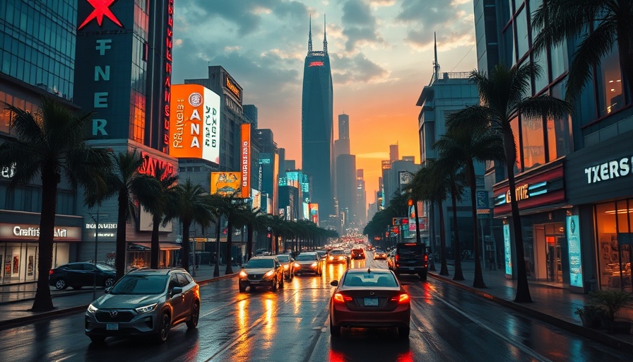 Futuristic cityscape with neon lights, perfect for luxury hotels in Santo Domingo.