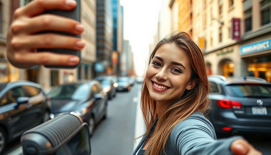 Young woman taking a selfie on an urban street, smiling happily.