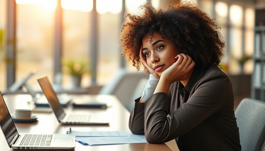 Overreliance on AI tools shown as a contemplative woman in office.
