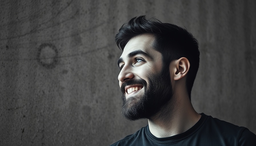 Bearded man smiling, black and white photo, concrete wall backdrop.