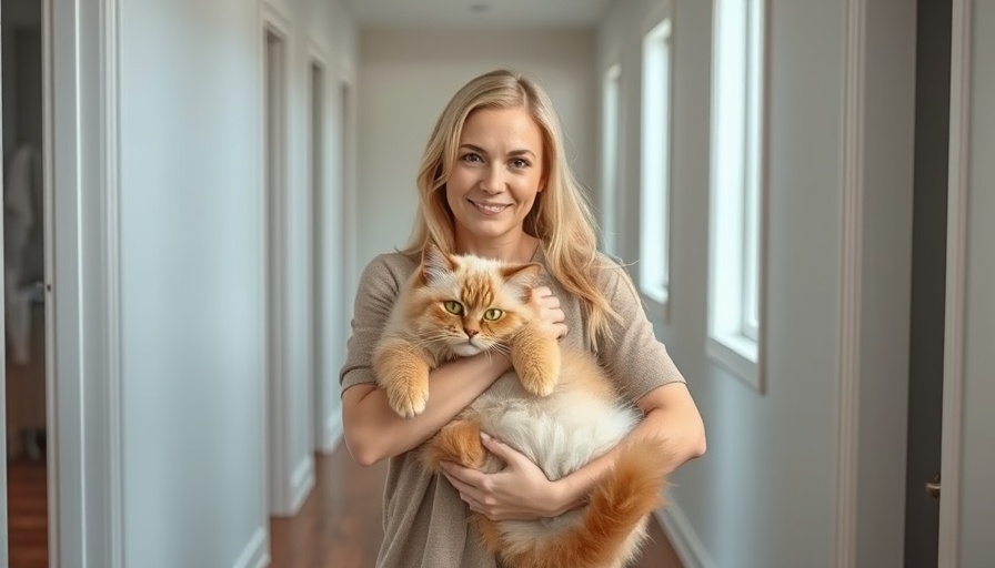 Woman holds fluffy cat after three international trips in modern hallway.