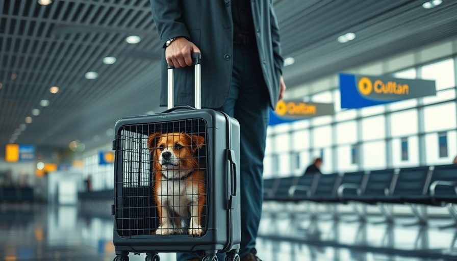 Cost to Fly a Dog Internationally: Man with suitcase and dog crate in airport.