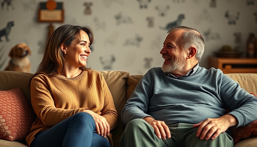Smiling couple discussing dog ownership benefits in cozy room.