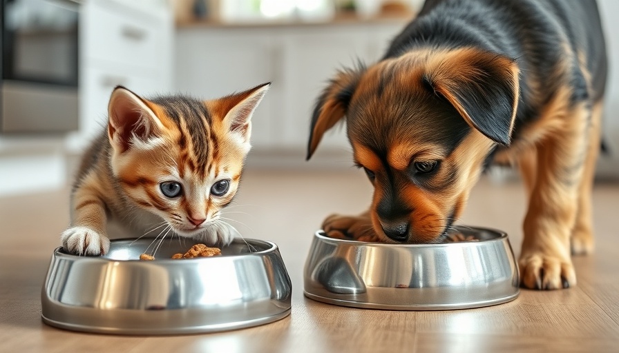 Maintaining healthy pets in 2025: Kitten and dog eating together.