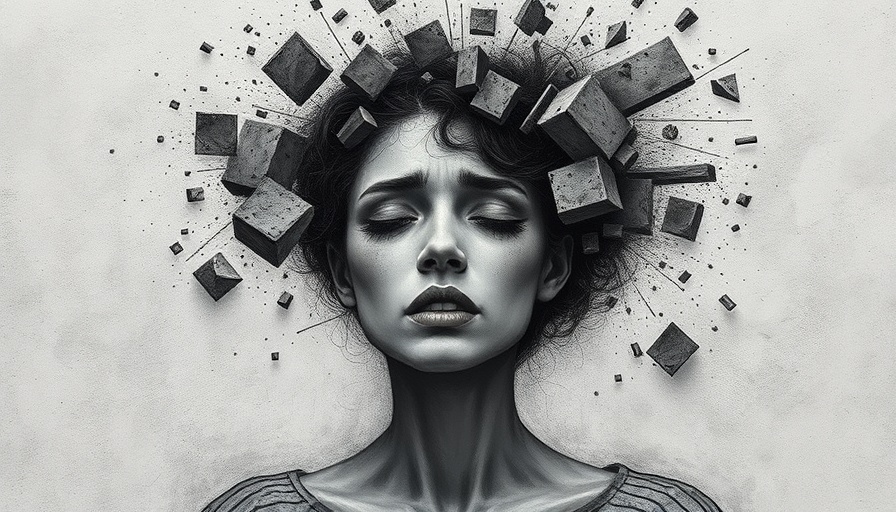 Abstract illustration of stress and burnout symptoms with fragmented head.