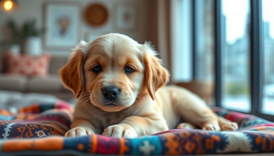 Cute golden retriever puppy in cozy dog-friendly hotel room.