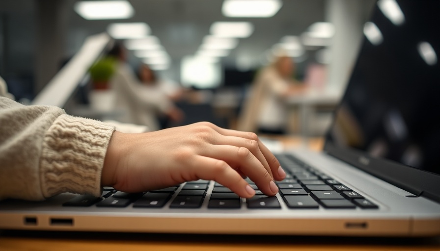 Child's hand typing on laptop keyboard highlighting dangers of social media.