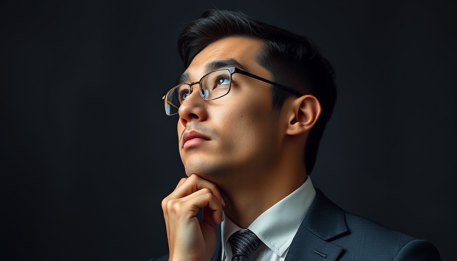 Professional man in a suit reflecting, neutral background.
