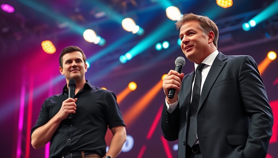 Men speaking at game awards, vibrant lighting, working with EA.