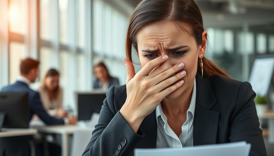 Stressed woman at office desk reflecting workplace mental health support.