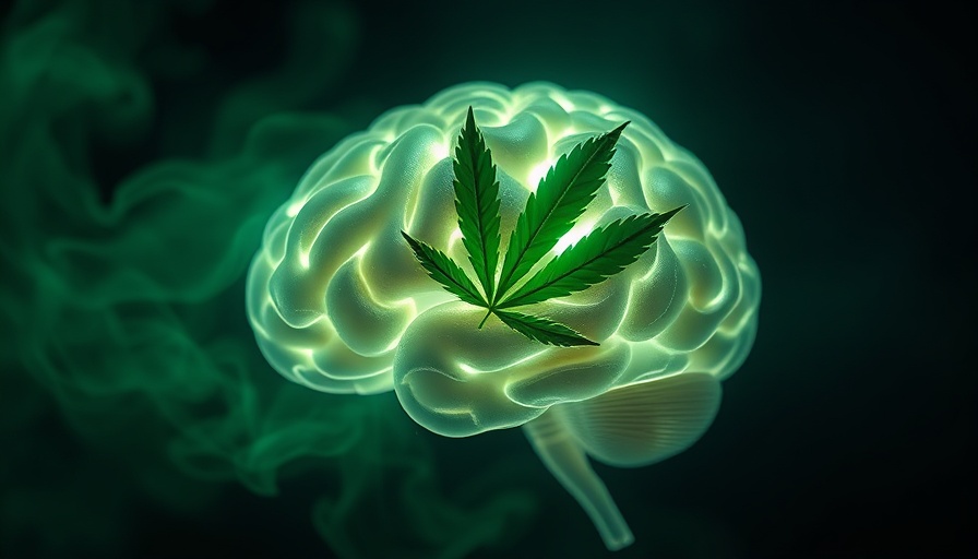 Cannabis effects on brain metabolism visualized with glowing leaves.