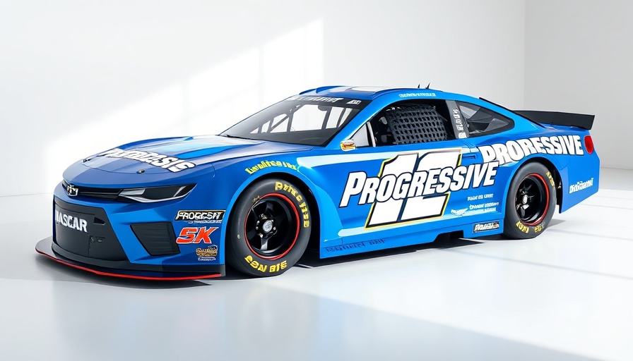 Blue NASCAR car with Progressive logo in studio, Denny Hamlin sponsorship deal.