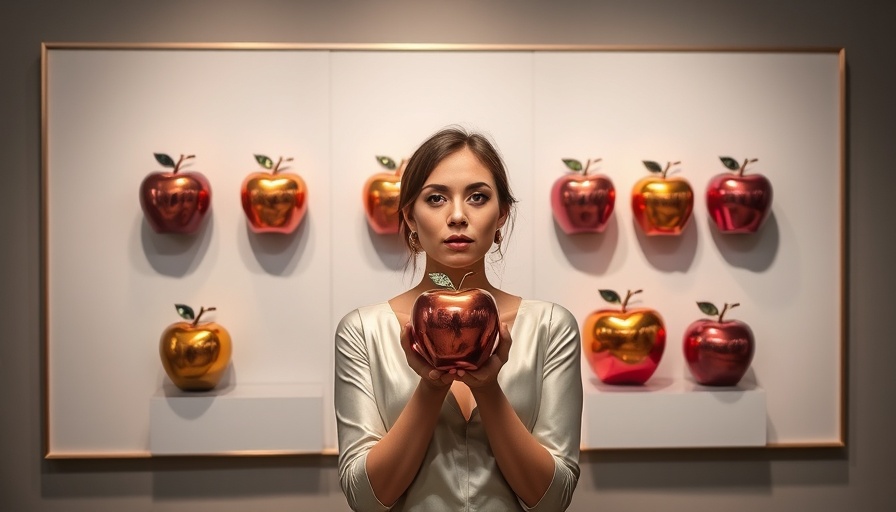 Woman showcases metallic apples at Stop Cyberbullying Exhibition.