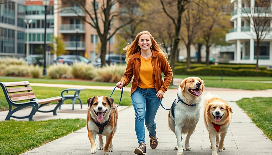 Young woman walking multiple dogs in urban park.
