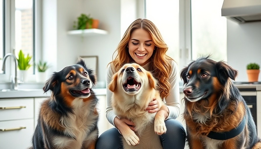 Woman engaging with dogs in kitchen, pet insurance for multiple pets