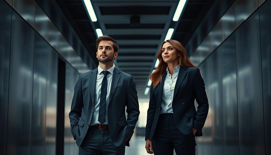 Two professionals in a corridor reflecting work-life balance, modern office.