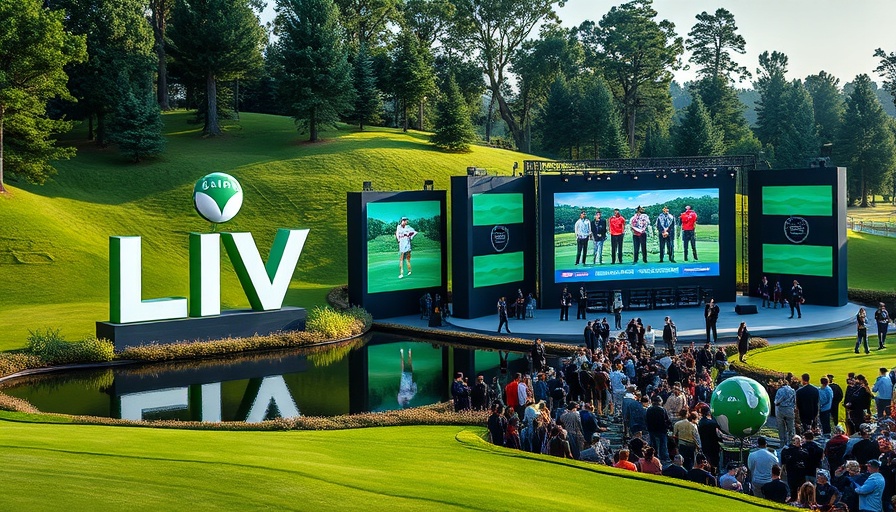 LIV Golf logo at an outdoor event with stage and screen.