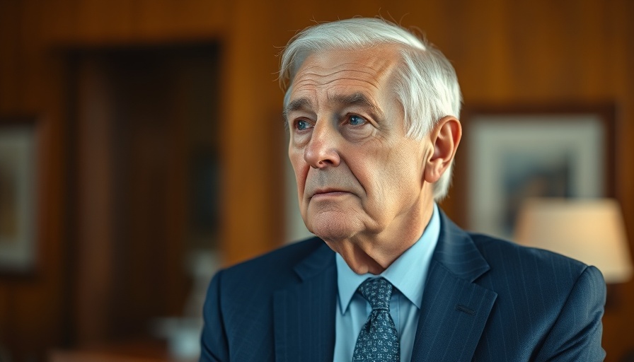 Older man in blue suit indoors with thoughtful expression.