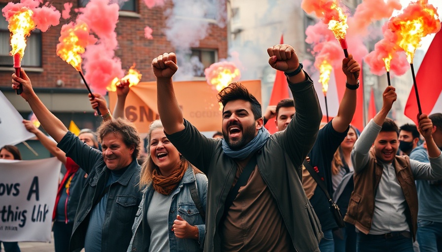 Protestors demonstrating, symbolizing horseshoe theory of politics.