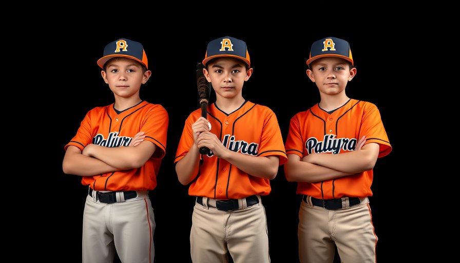 Palmyra baseball team players in orange jerseys, studio shot.