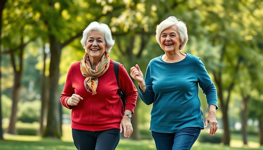 Two older women walking energetically in a park, illustrating exercise lowers dementia risk.