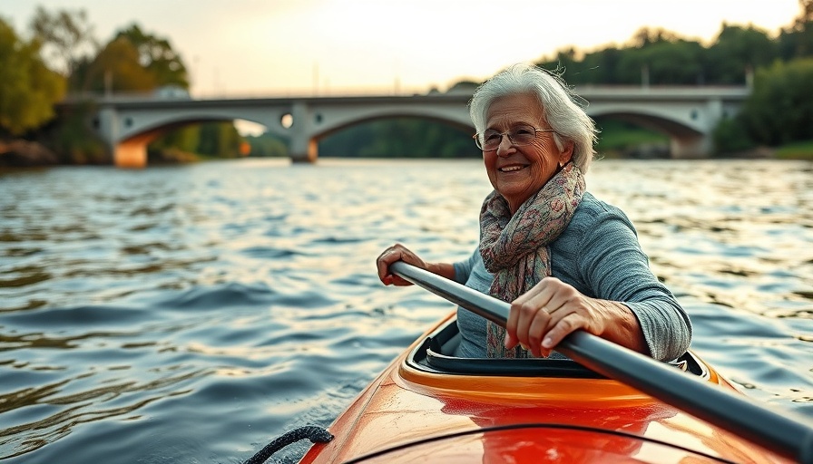 Smiling woman kayaking promoting physical activity and heart health.