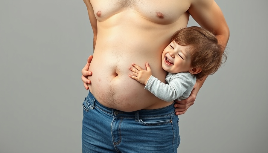 Joyful child interacting with man's belly, healthy lifestyle concept.