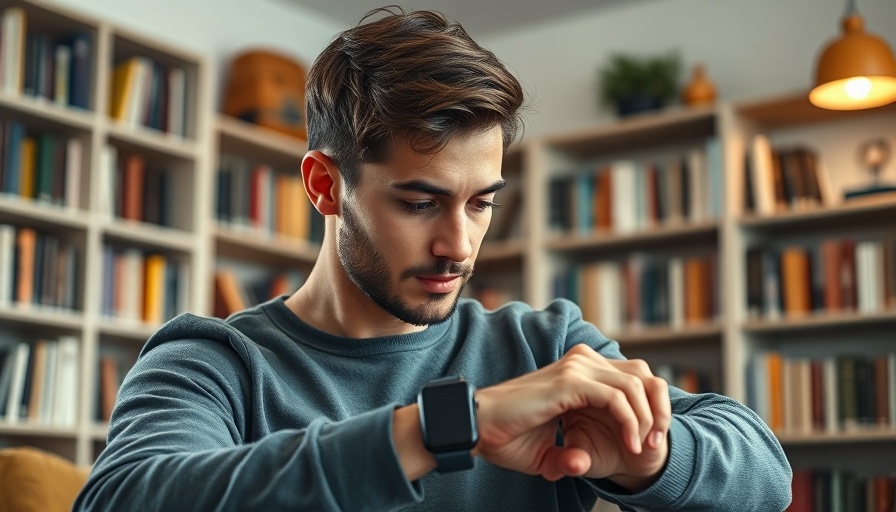 Young man checks smartwatch for healthy daily step count indoors.