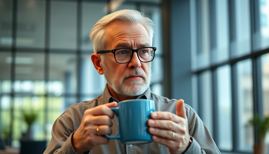 Elderly man working in office, representing health benefits of working later in life.