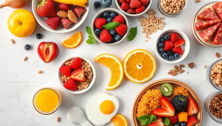Vibrant breakfast spread with fruits and grains, eating healthy tips.
