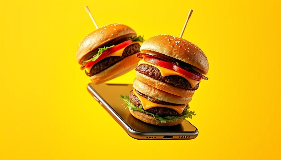 Conceptual image of meal delivery apps with burgers emerging from phone.