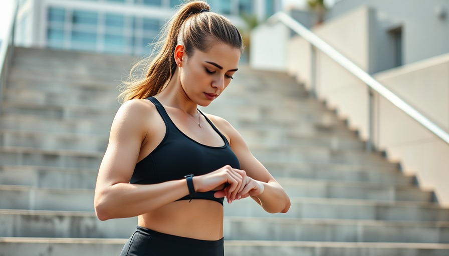 Athletic woman checking smartwatch on stairs for Target Heart Rates Chart.