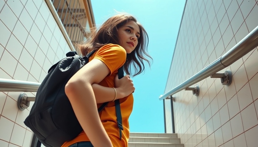 Woman ascending stairs against a blue sky, losing breath going up stairs.