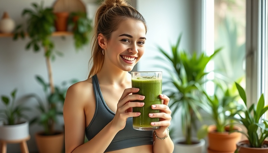 Joyful woman embracing wellness trends with green smoothie indoors.