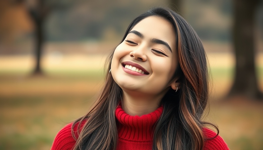 Woman in red sweater enjoying peaceful moment, heart health education.