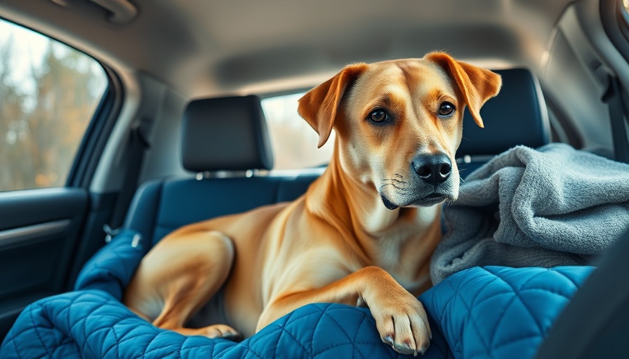 Dog traveling comfortably in car with protective seat cover.