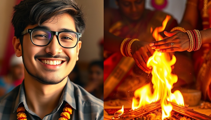 Smiling man and Indian wedding ritual, symbolizing work-life balance.