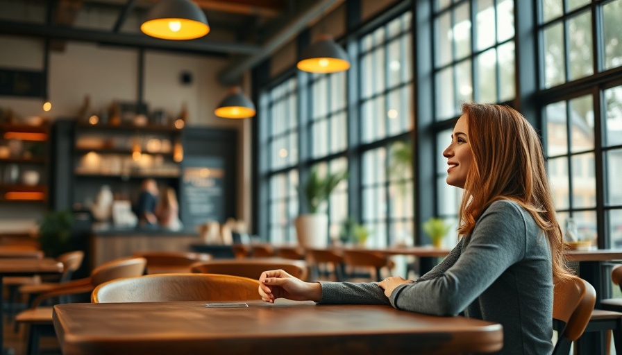 Charming café setting with woman discussing healthy comfort food.