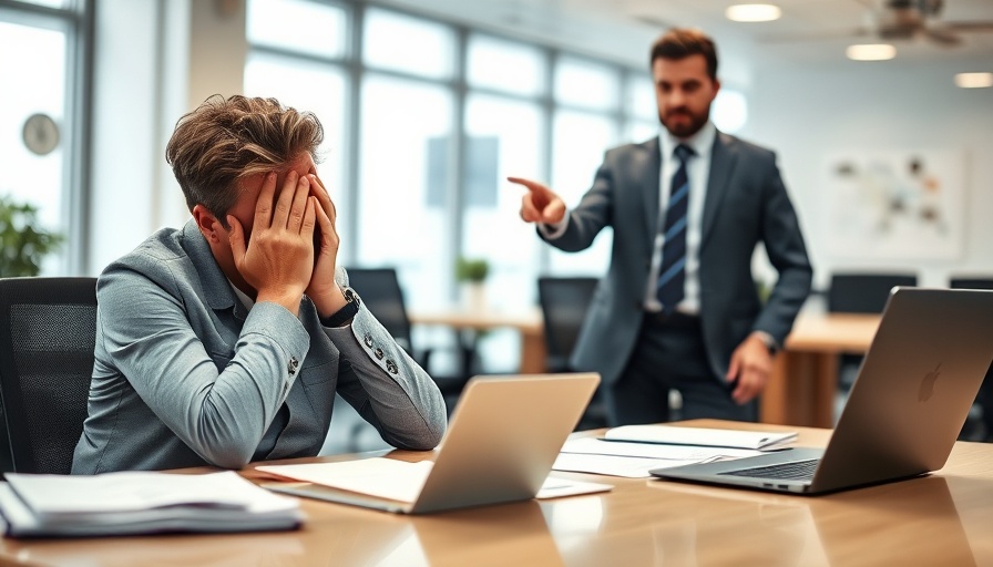Distressed employee at work, face in hands, colleague pointing