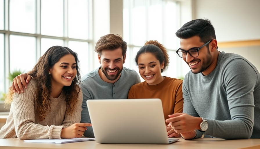 Gen Z collaborating in modern classroom on a laptop.